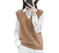 Ailaile Damen V-Ausschnitt Strickpullover Weste 100% Merinowolle Leicht Ärmellos Pullover Basic Weste Kurze Tops, Gold Camel, Groß