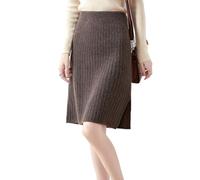 Ailaile Kurzer Rock für Damen, Herbst und Winter, 100 % Merinowolle, Strickrock, Mädchen, gerippt, elastische Taille, geteilte Röcke, mokkabraun, Groß