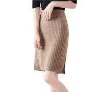 Ailaile Kurzer Rock für Damen, Herbst und Winter, 100 % Merinowolle, Strickrock, Mädchen, gerippt, elastische Taille, geteilte Röcke, CAMEL, XX-Large