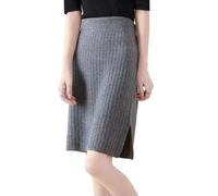 Ailaile Kurzer Rock für Damen, Herbst und Winter, 100 % Merinowolle, Strickrock, Mädchen, gerippt, elastische Taille, geteilte Röcke, grau dunkel, Klein