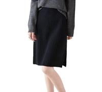 Ailaile Kurzer Rock für Damen, Herbst und Winter, 100 % Merinowolle, Strickrock, Mädchen, gerippt, elastische Taille, geteilte Röcke, Schwarz, XX-Large