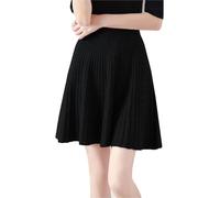 Ailaile Kurzer Rock für Damen Herbst Winter 100% Merinowolle Strickrock Mädchen gerippte elastische Taille Röcke, Dunkelschwarz, Klein