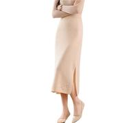 Ailaile Langer Damenrock, 100 % Merinowolle, Strickrock, gerippt, elastische Taille, bestickter Schlitz, Beige, X-Groß