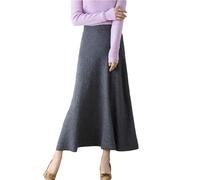 Ailaile Langer Damenrock für Herbst und Winter, 100 % Merinowolle, Strickrock, gerippt, elastisch, solide, warme Pulloverröcke, grau dunkel, Klein