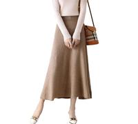 Ailaile Langer Damenrock für Herbst und Winter, 100 % Merinowolle, Strickrock, gerippt, elastisch, solide, warme Pulloverröcke, CAMEL, Groß