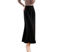 Ailaile Langer Damenrock, Herbst, Winter, 100 % Merinowolle, dicker Strickrock, gerippt, elastisch, plissiert, Fischschwanzröcke, Schwarz, Klein