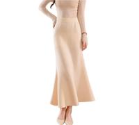 Ailaile Langer Damenrock, Herbst, Winter, 100 % Merinowolle, dicker Strickrock, gerippt, elastisch, plissiert, Fischschwanzröcke, Beige, X-Groß