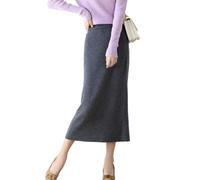 Ailaile Langer Damenrock, Herbst, Winter, 100 % Merinowolle, Strickrock, gerippt, elastisch, warm, Pulloverröcke, grau dunkel, XX-Large