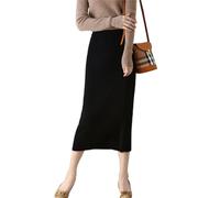 Ailaile Langer Damenrock, Herbst, Winter, 100 % Merinowolle, Strickrock, gerippt, elastisch, warm, Pulloverröcke, Schwarz, Klein