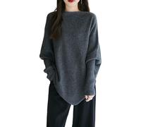 Ailaile Lose Pullover Damen U-Boot-Ausschnitt Langarm 100% Merinowolle Strickpullover Herbst Winter Unregelmäßige Warme Tops, grau dunkel, Einheitsgröße