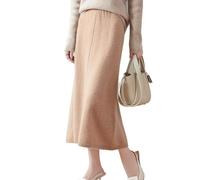 Ailaile Mittellanger Rock für Damen, Herbst und Winter, 100 % Merinowolle, Strick, langer Rock, gerippt, elastisch, einfarbig, lässig, warm, Khaki, Klein