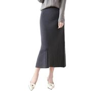 Ailaile Mittellanger Rock für Damen, Herbst und Winter, 100 % Merinowolle, Strick, langer Rock, gerippt, elastisch, warm, Pulloverrock, GRAU, Groß