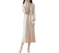 Ailaile Pulloverkleid aus 100 % Merinowolle, für Damen, Stehkragen, Laternenärmel, Pullover, Herbst, Winter, gestrickt, langes Kleid, Milchkamel, Klein