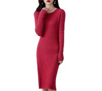 Ailaile Pulloverkleid Damen Merinowolle O-Ausschnitt Langarm Strickpullover Rundhals Slim Fit Herbst Winter Tops, Kirschrot, Klein
