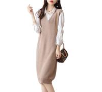 Ailaile Strickpullover mit V-Ausschnitt, für Damen, 100 % Merinowolle, ärmellos, einfarbig, lange Weste, Kleid, CAMEL, Mittel