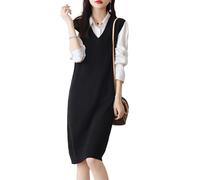 Ailaile Strickpullover mit V-Ausschnitt, für Damen, 100 % Merinowolle, ärmellos, einfarbig, lange Weste, Kleid, Schwarz, X-Groß