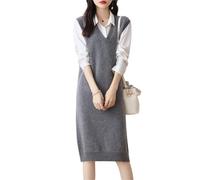 Ailaile Strickpullover mit V-Ausschnitt, für Damen, 100 % Merinowolle, ärmellos, einfarbig, lange Weste, Kleid, Dunkel_Grau, Mittel