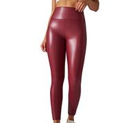 Ailan Frauen Leder Leggings mit hoher Taille, Yogahose, dünn, Push Up, einfarbig, Freizeit, modische Strumpfhose für Partys, Rot, 2XL