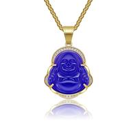AILUOR Glücklicher lachender Buddha Halsketten, Glückskette Buddha Anhänger Grüne Jade Buddha Halskette Iced Out Bling Zirkon 18K vergoldet Kette Zierliche Amulett Halskette Schmuck Geschenk (Blau)