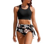 AI'MAGE Badeanzüge Bikini Damen Set High Waisted Bademode Zweiteiliger Blumenmuster Bikinis Set Oberteil mit Krawattenknoten Sexy, Schwarze Blume, XXL