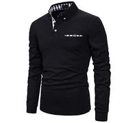 AIOIDI Herren Baumwolle Plaid Langarm Poloshirt Casual Tennis Polohemd Polo A-Schwarz S