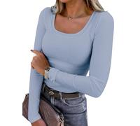 AirMood Damen Langarm Casual Geripptes T-Shirt Top Rundhalsausschnitt Gerippt Slim Fit Tunic T-Shirt, blau, XXL