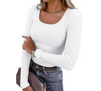 AirMood Damen Langarm Casual Geripptes T-Shirt Top Rundhalsausschnitt Gerippte Schmal Geschnittene Tunika T-Shirt, weiß, XXL