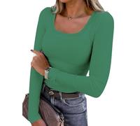 AirMood Damen Langarm Casual Geripptes T-Shirt Top Rundhalsausschnitt Ripp Slim Fit Tunika T-Shirt, grün, XXL