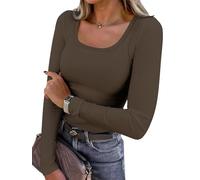 AirMood Damen Langarm Casual Geripptes T-Shirt Top U-Ausschnitt Ripp Slim Fit Tunika T-Shirt, braun, XXL