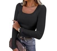 AirMood Damen Langarm Casual Geripptes T-Shirt Top U-Ausschnitt Ripp Slim Fit Tunika T-Shirt, Schwarz , XXL