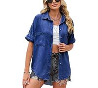 Airshi Lässige Bluse für Damen, Jeanshemd, Knopfleiste, Kurze Ärmel, Polyesterstoff. Gute Ergänzung für die Tägliche Freizeit (M)