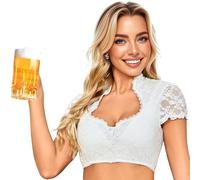 Aiseyi Dirndl Bluse Damen Herzförmiger Ausschnitt Dirndlbluse Spitze Kurzarm Gefütterte Vorderseite Dirndlblusen Geknöpft Weiß Trachtenblusen für Oktoberfest