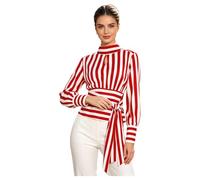 Aislor Damen Crop Top Slim Fit Tailliert Streifen Lange Ärmel Oberteil Tunika Modern Elegant Oberbekleidung Gestreiftes Tshirt Büro Rot XL