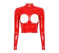 Aislor Damen Lack Leder Crop Top Wetlook Tank Top Ouvert Slim Fit Unterhemd Oberteile Langarm Shirt Gogo Party Clubwear Rot XXL