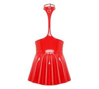 Aislor Damen Lack Leder Kleid Brustfrei Minikleid Wetlook Neckholder Lederkleid Bodycon Partykleid Clubwear Rot XXL