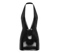Aislor Damen Lack Leder Kleid Wetlook Kleid Kurz PU Leder Neckholder Tief V-Ausschnitt Bodycon Minikleid Rückenfrei Partykleid Gogo Party Clubwear Schwarz 4XL