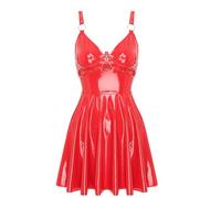 Aislor Damen Lackkleid Wetlook Minikleid Kurz Lack Leder Kleid Kunst Leder Kleid Rückenfrei Partykleid Skater Rock Party Clubwear Ab Rot M