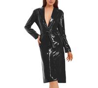 Aislor Damen Leder Trenchcoat Pu Leder Mantel Tiefer V-ausschnitt Jacke Herbst Winter Lange Outwear Gothic Kleidung Rave Clubwear Streetwear Schwarz XL