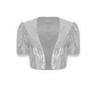 Aislor Damen Metallic Glänzend Jacke Pailletten Bolerojacke Kurzarm Cardigan Glitzer Bolero Tops Strickjacke Blazer Festlich Bolero Jacke Silber S