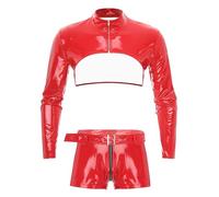 Aislor Herren Leder Lingerie Set Wetlook Shirt Crop Brust Leder Oberteil PU Leder Shorts Unterhose Dessous Set Reizwäsche Rot XL