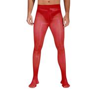 Aislor Herren Strumpfhosen Transparent Glänzende Nylonstrümpfe mit Reißverschluss im Schritt Stretch Leggings Pantyhose Stockings Unterwäsche Nachtclub A Rot XL