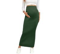 AISWI 2024 Schwangerschafts-Maxirock mit verstellbarer Taille, gerippter Strick, über dem Bauch, dehnbar, lange Bleistiftröcke, Grün , XX-Large