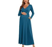AISWI 2025 Damen Umstandskleid, Maxikleid, langärmelig, Wickelkleid, V-Ausschnitt, Schwangerschaftskleider mit Taschen, Babyparty, Fotoshooting, formell, 2. Langarm, Pfauenblau, Groß