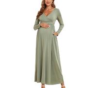 AISWI 2025 Damen Umstandskleid, Maxikleid, langärmelig, Wickelkleid, V-Ausschnitt, Schwangerschaftskleider mit Taschen, Babyparty, Fotoshooting, formell, 2. Langarm, Salbeigrün, Groß