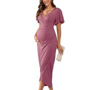 AISWI 2025 Damen-Umstandskleid, Wickelkleid, V-Ausschnitt, Rüschenärmel, halbformell, Babyparty, Fotoshooting, Party, Cocktail, Schwangerschaft, 1. Helles Pflaume, X-Groß