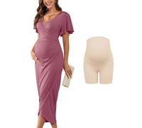 AISWI 2025 Damen-Umstandskleid, Wickelkleid, V-Ausschnitt, Rüschenärmel, halbformell, Babyparty, Fotoshooting, Party, Cocktail, Schwangerschaft, Groß