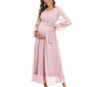 AISWI 2025 Umstandskleid mit glitzerndem Netzstoff, fließendes Maxikleid mit Gürtel, lange Ärmel, Schwangeres, langes Kleid, Babyparty, Fotoshooting, formell, Helles Pink, XX-Large