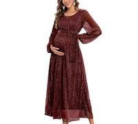 AISWI 2025 Umstandskleid mit glitzerndem Netzstoff, fließendes Maxikleid mit Gürtel, lange Ärmel, Schwangeres, langes Kleid, Babyparty, Fotoshooting, formell, Weinrot, XX-Large
