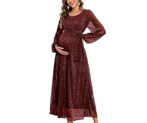 AISWI 2025 Umstandskleid mit glitzerndem Netzstoff, fließendes Maxikleid mit Gürtel, lange Ärmel, Schwangeres, langes Kleid, Babyparty, Fotoshooting, formell, Weinrot, XX-Large