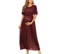 AISWI 2025 Umstandskleid mit glitzerndem Netzstoff, fließendes Maxikleid mit Gürtel, Rüschenärmel, langes Kleid, Babyparty, Fotoshooting, formell, Weinrot, Mittel